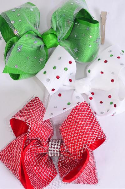 Hair Bow Jumbo XMAS Metallic Star & Silver Mesh & Studded Asst Grosgrain Bow-tie / 12 pcs Bow = Dozen Alligator Clip , Size - 6"x 5" Wide , 4 Of Each Pattern Asst , Clip Strip & UPC Code