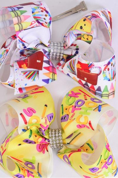 Hair Bow Jumbo Back to School  Crayon Etc Grosgrain Bow-tie / 12 pcs Bow = Dozen Alligator Clip , Size - 6" x 5" Wide , 6 Of Each Pattern Asst , Clip Strip & UPC Code