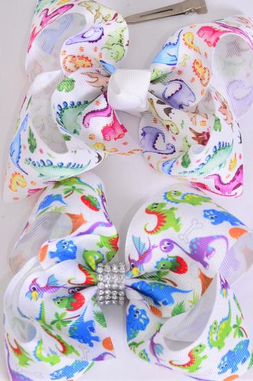 Hair Bow Jumbo Dinosaur Grosgrain Bow-tie / 12 pcs Bow = Dozen Dino , Alligator Clip , Size - 6" x 5" Wide , 6 Of Each Pattern Asst , Clip Strip & UPC Code