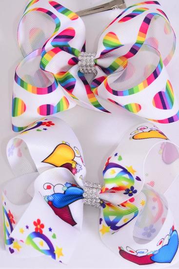 Hair Bow Jumbo Rainbow Hearts & Peace Sign Flower Power Mix Grosgrain Bow-tie / 12 pcs Bow = Dozen   Alligator Clip , Size - 6" x 5" Wide , 6 of each Pattern Asst , Clip Strip and UPC Code
