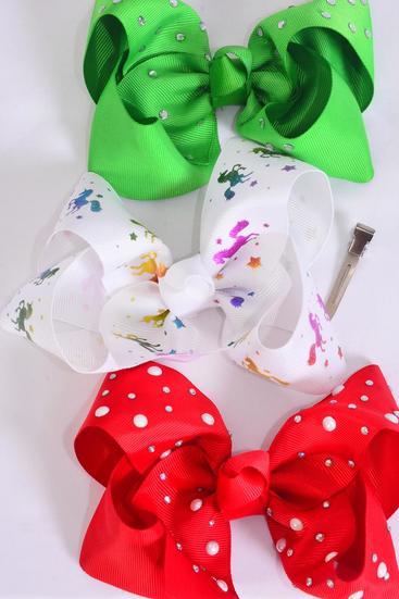 Hair Bow Jumbo Metallic Unicorn Studded Asst Grosgrain Bow-tie / 12 pcs Bow = Dozen  Alligator Clip , Size - 6" x 5" Wide , 4 Of Each Pattern Asst , Clip Strip & UPC Code