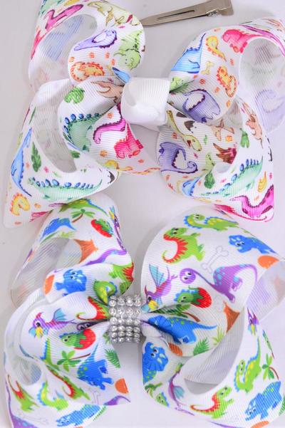Hair Bow Jumbo Dinosaur Grosgrain Bow-tie / 12 pcs Bow = Dozen Dino , Alligator Clip , Size - 6" x 5" Wide , 6 Of Each Pattern Asst , Clip Strip & UPC Code