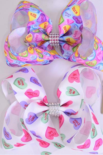 Hair Bow Jumbo Hug and Kisses Heart Mix Grosgrain Bow-tie / 12 pcs Bow = Dozen Alligator Clip , Bow - 6" x 5" Wide , 6 Of Each Pattern Asst , Clip Strip & UPC Code