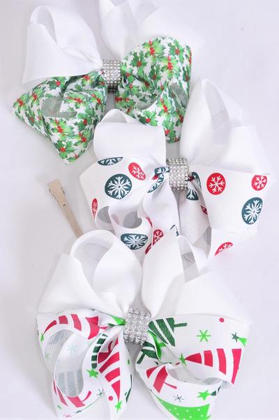 Hair Bow Jumbo Christmas Snowflake Tree Holly Berries Pattern Mix grosgrain Bow-tie / 12 pcs Bow = Dozen Alligator Clip , Size -  6" x 5" Wide , 4 of each Pattern Asst , Clip Strip & UPC Code