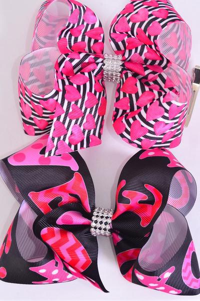 Hair Bow Jumbo Hearts Grosgrain Bow-tie / 12 pcs Bow = Dozen  Alligator Clip , Bow - 6" x 5" Wide , 6 Of Each Pattern Asst , Clip Strip & UPC Code