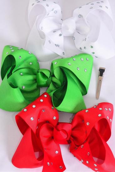 Hair Bow Jumbo Clear Stone Studded Grosgrain Bow-tie / 12 pcs Bow = Dozen Alligator Clip , Size - 6" x 5" Wide , 4 of each Pattern Asst , Clip Strip & UPC Code