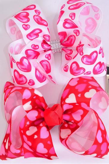 Hair Bow Jumbo Heart Pattern Mix Grosgrain Bow-tie / 12 pcs Bow = Dozen Alligator Clip , Size - 6" x 5" Wide , 6 of each Pattern Asst , Clip Strip & UPC Code