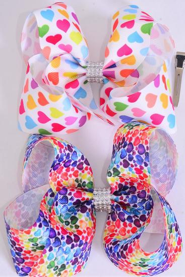 Hair Bow Jumbo Multi Hearts Valentines Grosgrain Bow-tie / 12 pcs Bow = Dozen  Alligator Clip , Bow - 6" x 5" Wide , 6 Of Each Pattern Asst , Clip Strip & UPC Code