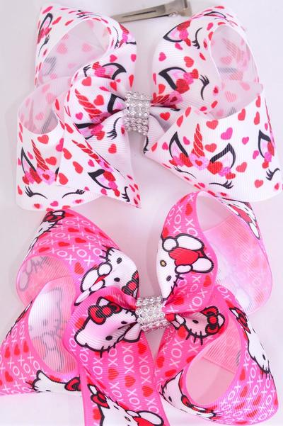 Hair Bow Jumbo Heart Hug and Kisses Kitty Unicorn Mix Grosgrain Bow-tie / 12 pcs = Dozen Alligator Clip , Bow - 6" x 5" Wide , 6 Kitty , 6 unicorn Pattern Asst , Clip Strip & UPC Code