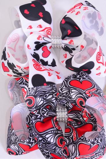 Hair Bow Jumbo Hearts Grosgrain Bow-tie / 12 pcs Bow = Dozen  Alligator Clip , Size - 6" x 5" Wide , 6 of each Pattern Asst , Clip Strip & UPC Code