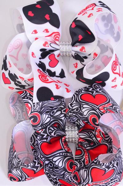Hair Bow Jumbo Hearts Grosgrain Bow-tie / 12 pcs Bow = Dozen  Alligator Clip , Size - 6" x 5" Wide , 6 of each Pattern Asst , Clip Strip & UPC Code