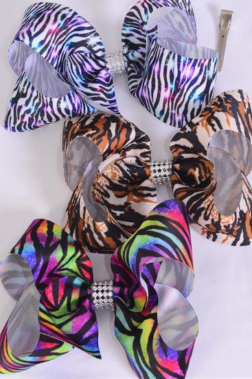 Hair Bow Jumbo Zebra Tiger Pattern Mix Grosgrain Bow-tie / 12 pcs Bow = Dozen  Zebra , Alligator Clip , Size - 6" x 5" Wide , 4 of each Pattern Mix , Clip Strip & UPC Code