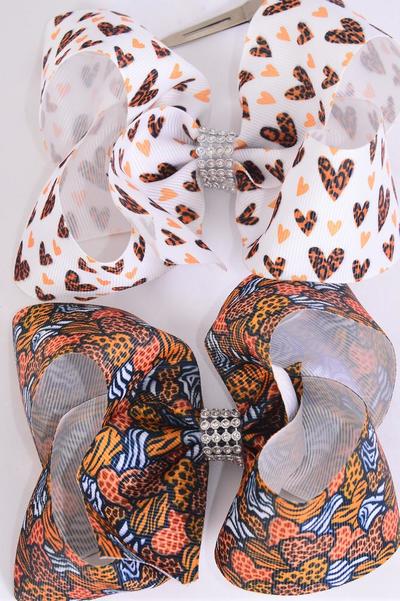 Hair Bow Jumbo Leopard Heart Mix Grosgrain Bow-tie / 12 pcs Bow = Dozen Alligator Clip , Size - 6" x 5" Wide , 6 of each Pattern , Clip Strip & UPC Code