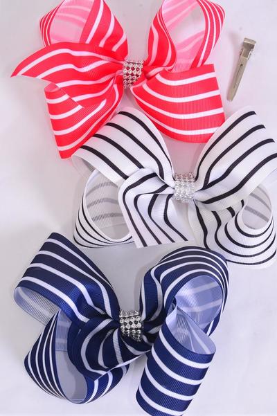 Hair Bow Jumbo Stripe Red White Navy Mix Grosgrain Bow-tie / 12 pcs Bow = Dozen Alligator Clip ,Size - 6" x 5" Wide , 4 Red , 4 White , 4 Navy Pattern Asst , Clip Strip & UPC Code