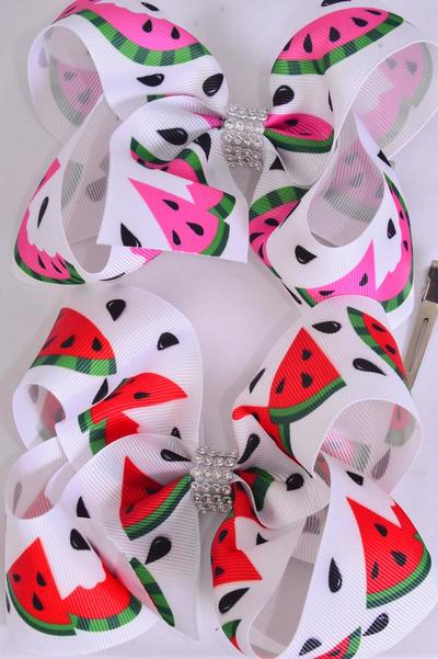 Hair Bow Jumbo Watermelon Grosgrain Bow-tie / 12 pcs Bow = Dozen Alligator Clip , Size - 6" x 5" Wide , 6 Of Each Pattern Asst , Clip Strip & UPC Code