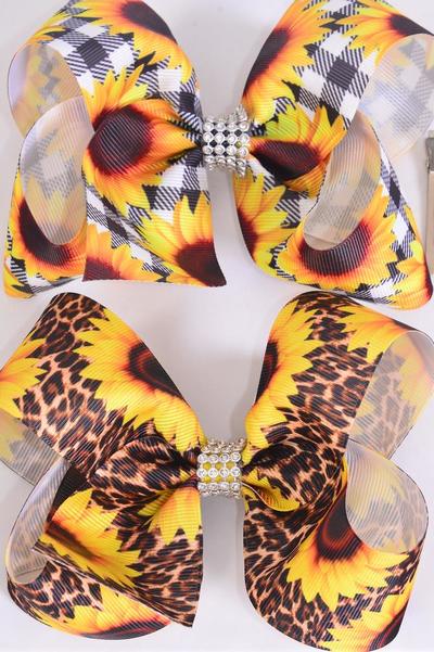 Hair Bow Jumbo Sunflower Plaid & Leopard Mix Grosgrain Bow-tie/DZ Alligator Clip,Size-6"x 5" Wide,6 Of each Pattern Asst,Clip Strip & UPC Code
