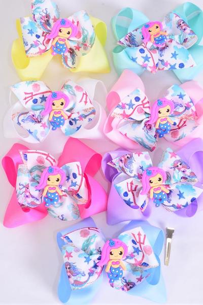 Hair Bow Jumbo Double Layered Mermaid Charm Grosgrain Bow-tie Pastel / 12 pcs Bow = Dozen Alligator Clip , Size - 6" x 6" Wide, 2 White, 2 Pink, 1 Blue, 1 Yellow, 2 Lavender, 2 Hot Pink, 2 Mint Green Color Asst, Clip Strip & UPC Code
