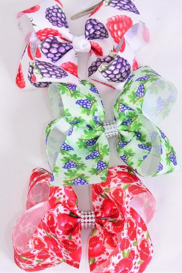 Hair Bow Jumbo Grape Berrys Pomegranate Mix Grosgrain Bow-tie / 12 pcs Bow = Dozen Alligator Clip , Size - 6" x 5" Wide , 4 of each Pattern Asst , Clip Strip & UPC Code
