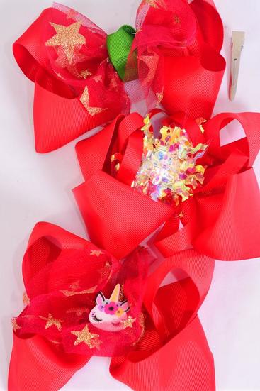 Hair Bow Jumbo Iridescent Metallic Stars Unicorn Red Grosgrain Bow-tie / 12 pcs Bow = Dozen Christmas , Alligator Clip , Size - 6" x 5" Wide , 4 of each Pattern Asst , Clip Strip & UPC Code