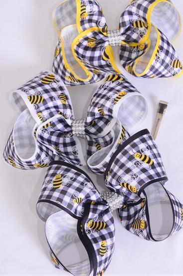 Hair Bow Jumbo Honey Bee Plaid / 12 pcs Bow = Dozen Bee , Alligator Clip , Size - 6" x 5" Wide , 4 Of each Pattern Asst , Clip Strip & UPC Code