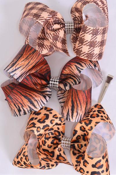 Hair Bow Jumbo Plaid Leopard Tiger Animal Pattern Mix Grosgrain Bow-tie / 12 pcs Bow = Dozen  Alligator Clip , Size-6"x 5" Wide , 4 of each Pattern , Clip Strip & UPC Code