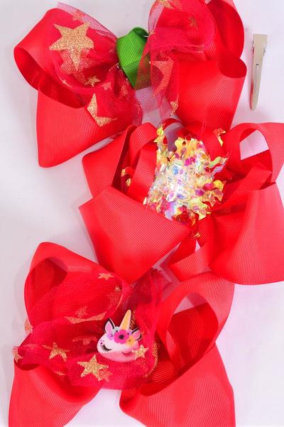 Hair Bow Jumbo XMAS Mesh Metallic Stars Unicorn Pom Pom Red Grosgrain Bow-tie / 12 pcs Bow = Dozen Alligator Clip , Size- 6"x 5" Wide , 4 of each Pattern Asst , Clip Strip & UPC Code