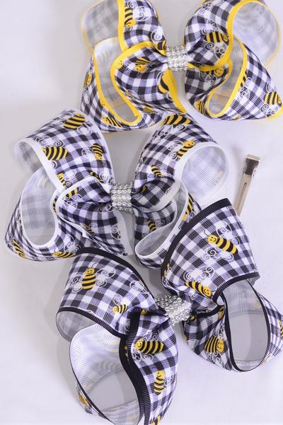 Hair Bow Jumbo Honey Bee Plaid / 12 pcs Bow = Dozen Alligator Clip , Size - 6" x 5" Wide , 4 Of each Pattern Asst , Clip Strip & UPC Code