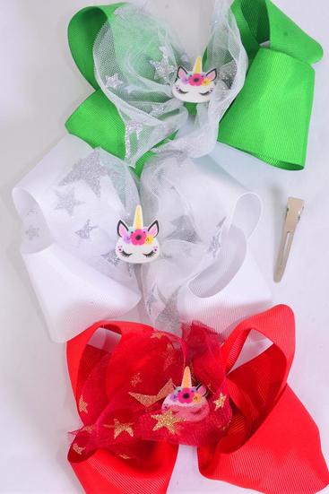 Hair Bow Jumbo Mesh Metallic Stars Poly Unicorn Charm Mix Grosgrain Bow-tie / 12 pcs Bow = Dozen Christmas , Alligator Clip , Size - 6" x 5" , 4 Of each Color Asst , Clip Strip & UPC Code