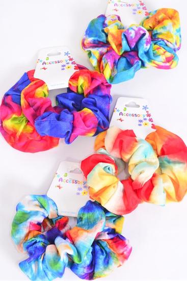 Scrunchies 24 pcs Cotton Stretch Tiedye Multi / 12 card= Dozen Stretch , 3 Of each Pattern Asst , Hang Tag & OPP Bag & UPC Code