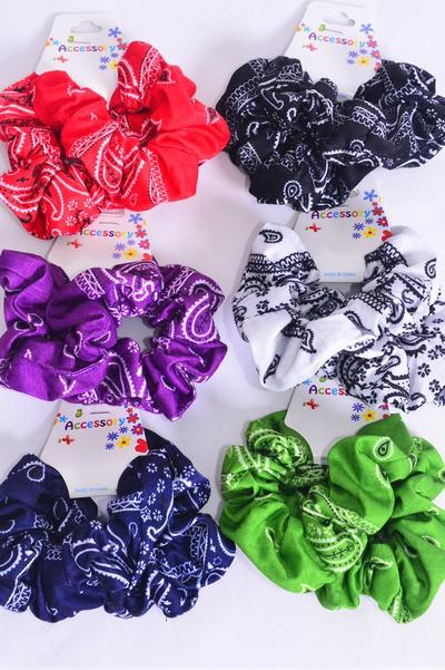 Scrunchies 24 pcs Cotton Stretch Bandana Paisley Pattern Mix / 24 pcs = Dozen Multi , Stretch , 2 Of each Pattern Asst , Hang Tag & OPP Bag & UPC Code                                        -