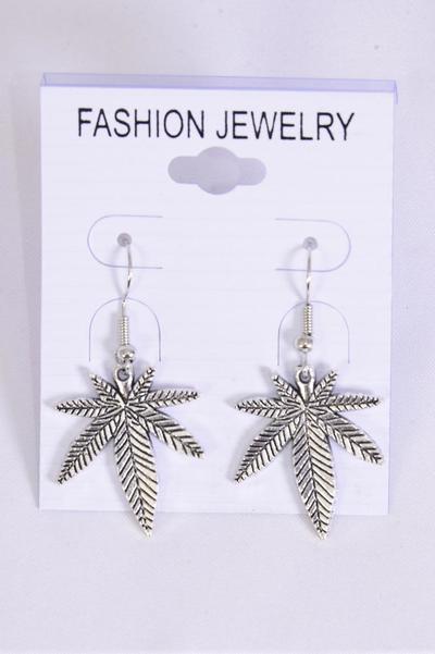 Earrings Cannabis Silver / 12 pair = Dozen match 70145 Fish Hook , Size-1" x 0.75" Wide , Earring Card & OPP Bag & UPC Code