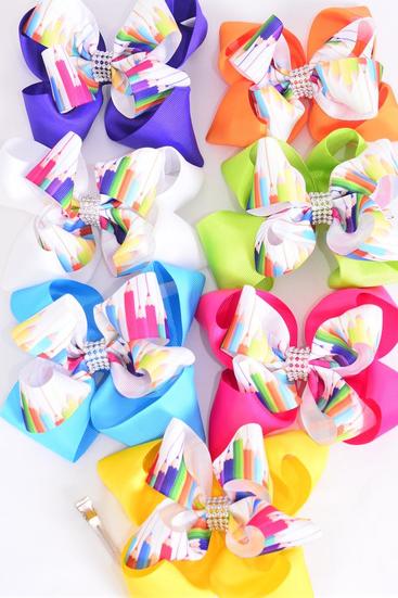 Hair Bow Jumbo Color Pencil Back to school Etc Grosgrain Bow-tie Multi / 12 pcs Bow = Dozen Alligator Clip , Size - 6" x 5" Wide , 2 White , 2 Fuchsia , 2 Purple , 2 Yellow , 2 Blue , 1 Lime , 1 Orange Color Asst , Clip Strip and UPC Code