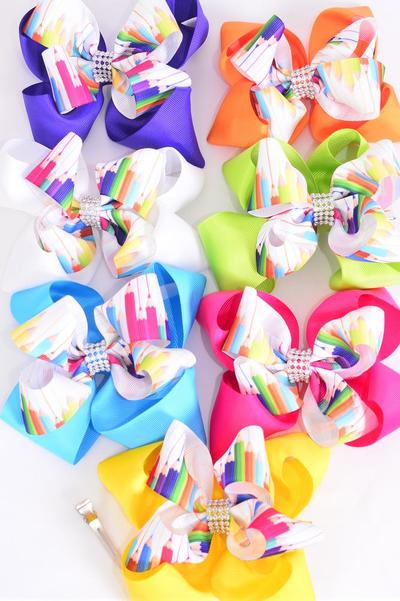 Hair Bow Jumbo Double Layered Color Pencil Back to school Grosgrain Bow-tie Multi / 12 pcs Bow = Dozen Alligator Clip , Size - 6" x 5" Wide , 2 White , 2 Fuchsia , 2 Purple , 2 Yellow , 2 Blue , 1 Lime , 1 Orange Color Asst , Clip Strip and UPC Code