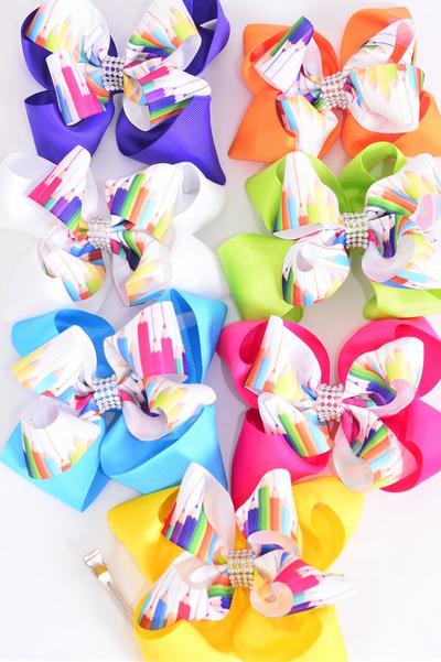 Hair Bow Jumbo Double Layered Color Pencil Grosgrain Bow-tie Multi / 12 pcs Bow = Dozen Alligator Clip , Size - 6" x 5" Wide , 2 White , 2 Fuchsia , 2 Purple , 2 Yellow , 2 Blue , 1 Lime , 1 Orange Color Asst , Clip Strip and UPC Code