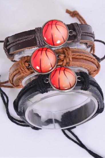 Bracelet Real Leather Band Basketball / 12 pcs = Dozen Pull-String , Adjustable , 4 of each Pattern Mix , ndividual Hang Tag & OPP Bag & UPC Code