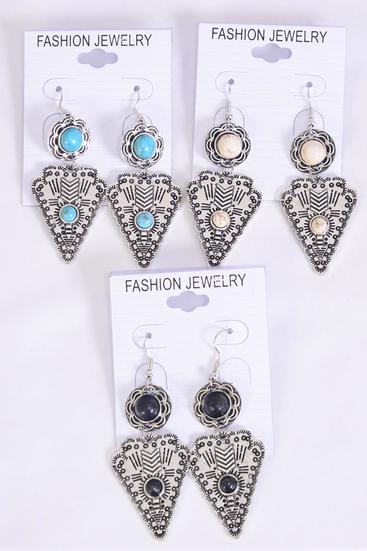 Earrings Metal Antique Western Look Semiprecious Stone / 12 pair = Dozen Fish Hook , Size - 2" x 1" Wide , 4 Black , 4 Ivory , 4 Turquoise Color Asst , Earring Card & OPP Bag & UPC Code 