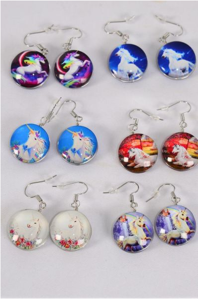 Earrings Unicorn Double Sided Glass Dome / 12 pair  = Dozen  Fish Hook , Size-0.75" Wide , 2 of each Design Asst , Earring Card & OPP Bag & UPC Code