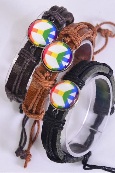 Bracelet Real Leather Band Peace Symbol / 12 pcs = Dozen Unisex , Adjustable , 3 of each Color Asst , Individual Hang tag & OPP Bag & UPC Code