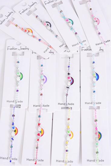 Bracelet Enamel Happy Rainbow Multi / 12 pcs = Dozen  Pull-String , Adjustable , 12 Pattern Mix , Individual Hang tag & OPP Bag & UPC Code