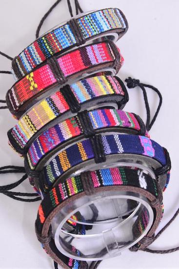 Bracelet Real Leather Band Aztec Geometric Pattern / 12 pcs = Dozen Unisex , Pull-String , Adjustable , 2 of each Pattern Mix , Individual Hang Tag & OPP Bag & UPC Code