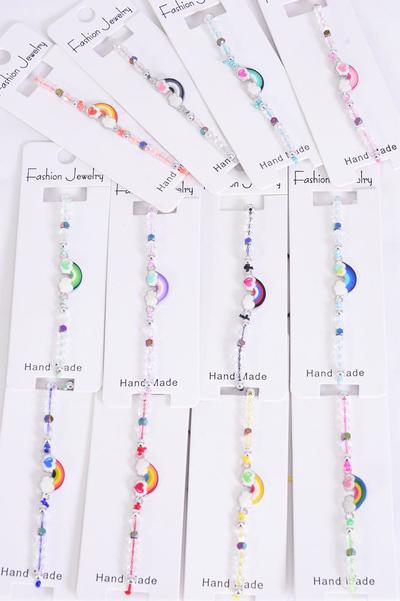 Bracelet Enamel Happy Rainbow Multi / 12 pcs = Dozen  Pull-String , Adjustable , 12 Pattern Mix , Individual Hang tag & OPP Bag & UPC Code
