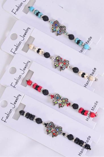 Bracelet Butterfly Semiprecious Stone W Lava Rock Mix / 12 pcs = Dozen Pull-String , Adjustable , 3 Of each Pattern Asst , Individual Hang Tag & OPP Bag & UPC Code