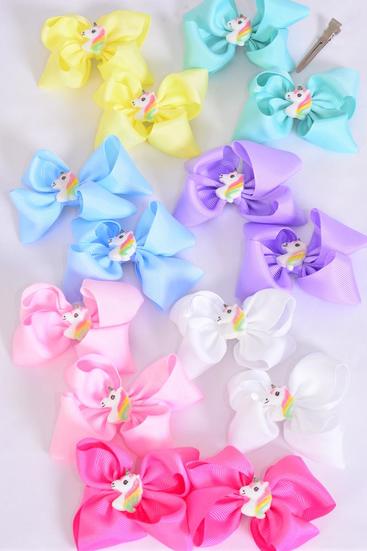Hair Bow 24 pcs Center Unicorn Grosgrain Bow-tie Pastel / 24 pcs Bow = Dozen  Alligator Clip , Size - 3.5"x 2.5" , 2 White , 2 Baby Pink , 2 Lavender , 2 Blue , 2 Yellow , 1 Peach , 1 Mint Green Asst , Clip Strip & UPC Code
