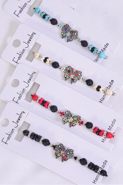 Bracelet Butterfly Semiprecious Stone W Lava Rock Mix / 12 pcs = Dozen Pull-String , Adjustable , 3 Of each Pattern Asst , Individual Hang Tag & OPP Bag & UPC Code