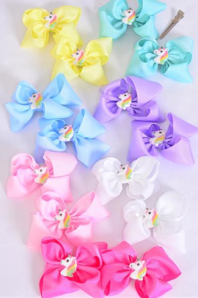 Hair Bow 24 pcs Center Unicorn Grosgrain Bow-tie Pastel / 24 pcs Bow = Dozen  Alligator Clip , Size - 3.5"x 2.5" , 2 White , 2 Baby Pink , 2 Lavender , 2 Blue , 2 Yellow , 1 Peach , 1 Mint Green Asst , Clip Strip & UPC Code