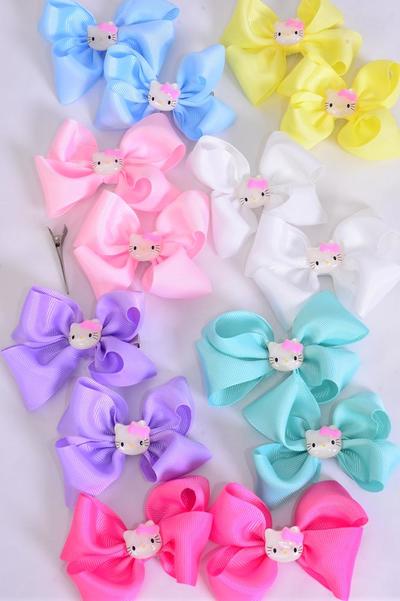 Hair Bow 24 pcs Cute Kitty Charm Pastel Grosgrain Bow-tie / 24 pcs Bow = Dozen Alligator Clip , Size - 3"x 3" , 2 White , 2 Baby Pink , 2 Lavender , 2 Blue , 2 Yellow , 1 Hot Pink , 1 Mint Green Color Asst , Clip Strip & UPC Code