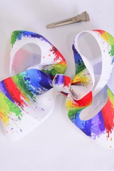 Hair Bow Jumbo White Paint Splatter Grosgrain Bow-tie / 12 pcs Bow = Dozen Alligator Clip , Size - 6" x 5" Wide , Clip Strip & UPC Code