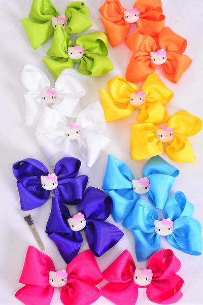 Hair Bow 24 pcs Cute Kitty Charm Multi Grosgrain Bow-tie / 12 pair Bow = Dozen Alligator Clip , Size - 3.5" x 3" Wide , 2 Fuchsia , 2 Blue , 2 White , 2 Purple , 2 Yellow , 1 Orange , 1 Lime Color Asst , Clip Strip & UPC Code