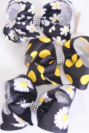 Hair Bow Jumbo Flower Daisy Black Yellow Polka dots Mix Grosgrain Bow-tie / 12 pcs Bow = Dozen Alligator Clip , Size - 6" x 5" Wide , 4 Of Each Pattern Asst , Clip Strip and UPC Code