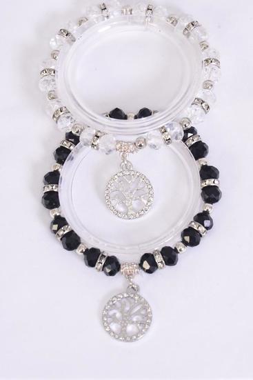 Charm Bracelet Glass Crystal Tree Of Life Black Clear Mix / 12 pcs = Dozen Stretch , 6 Black , 6 Clear Mix , Hang Tag & Opp Bag & UPC Code